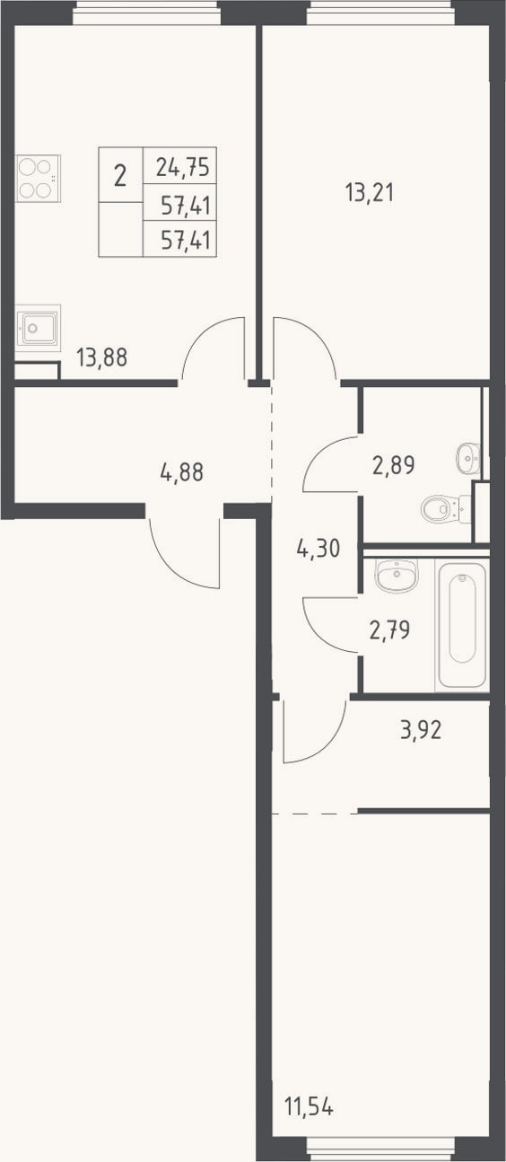 Планировка: 2-к, 57,4 м²