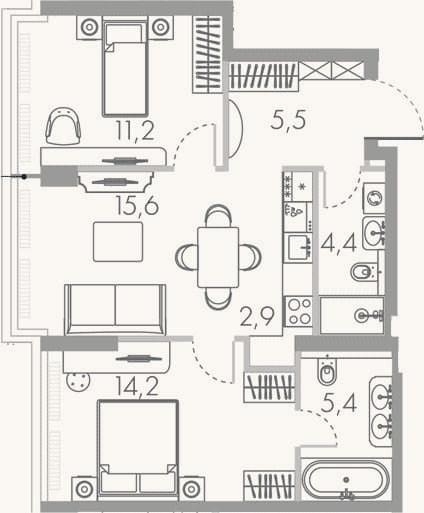 Планировка: 3-к, 64,8 м²