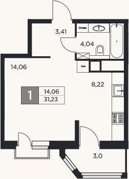 Планировка: 1-к, 29,7 м²