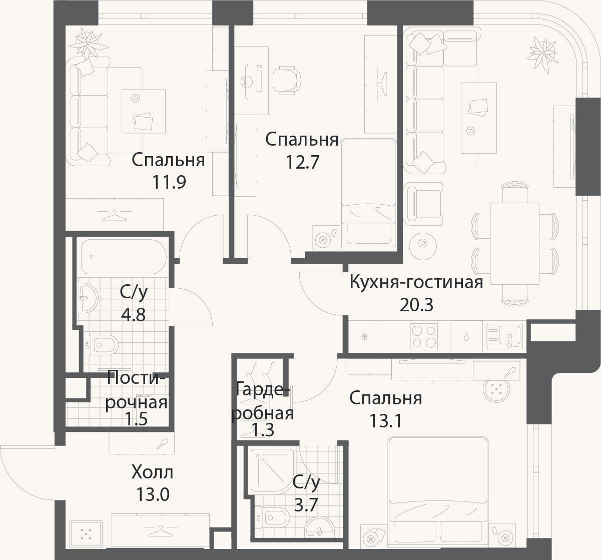 Планировка: 4+ к, 81,9 м²
