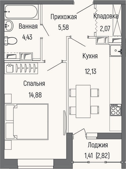 Планировка: 1-к, 39,1 м²