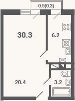 Планировка: 1-к, 29,8 м²