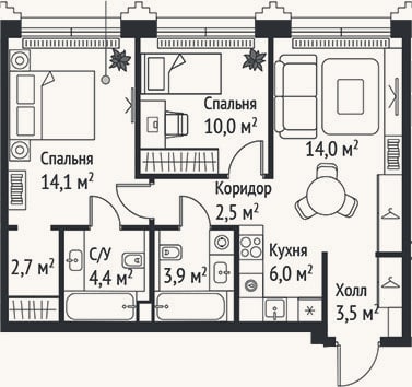 Планировка: 3-к, 61,1 м²
