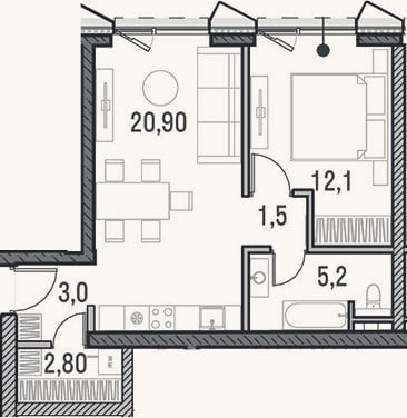 Планировка: 2-к, 45,4 м²