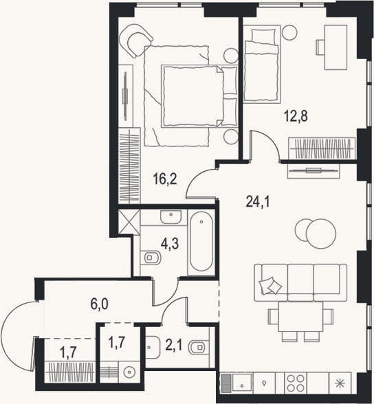 Планировка: 3-к, 68,9 м²