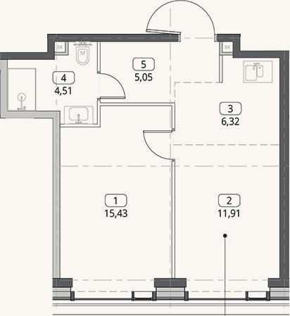 Планировка: 2-к, 43,2 м²