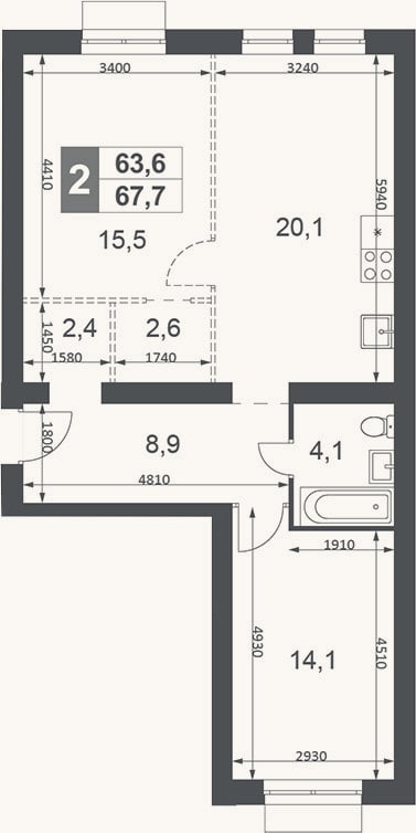 Планировка: 2-к, 67,7 м²