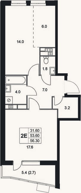 Планировка: 2-к, 53,6 м²