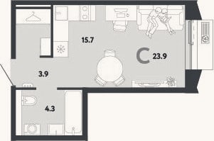 Планировка: Студия, 23,9 м²