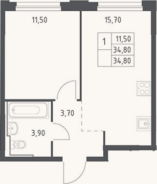 Планировка: 2-к, 34,8 м²
