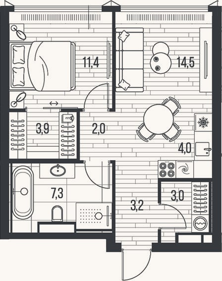 Планировка: 2-к, 49,3 м²