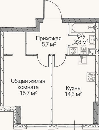Планировка: 1-к, 40,5 м²