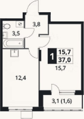 Планировка: 1-к, 35,4 м²