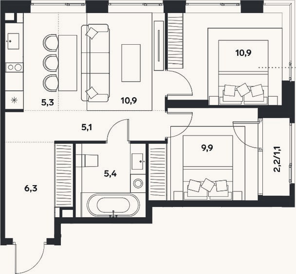 Планировка: 3-к, 53,8 м²