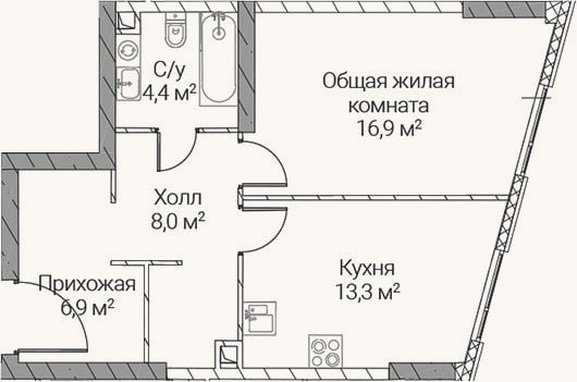 Планировка: 1-к, 49,5 м²