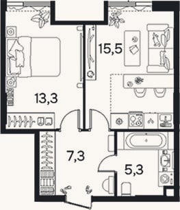 Планировка: 1-к, 41,4 м²