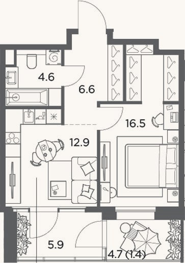 Планировка: 1-к, 46,5 м²