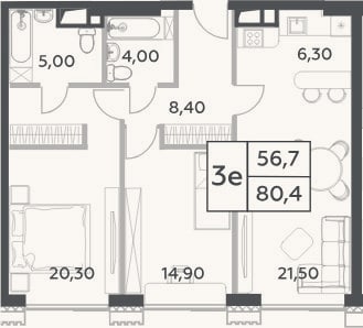 Планировка: 3-к, 80,4 м²