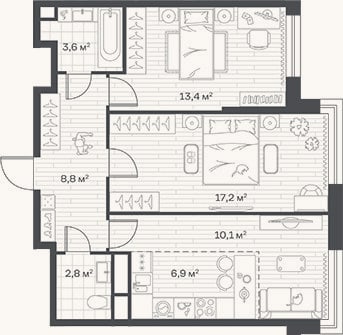 Планировка: 3-к, 62,8 м²