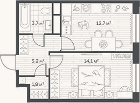 Планировка: 2-к, 37,5 м²