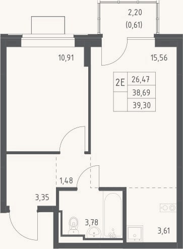 Планировка: 2-к, 38,7 м²