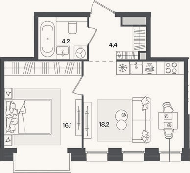 Планировка: 2-к, 42,9 м²
