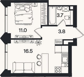 Планировка: 2-к, 35 м²