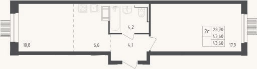 Планировка: 2-к, 43,6 м²
