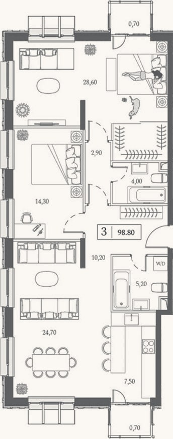 Планировка: 3-к, 97,4 м²