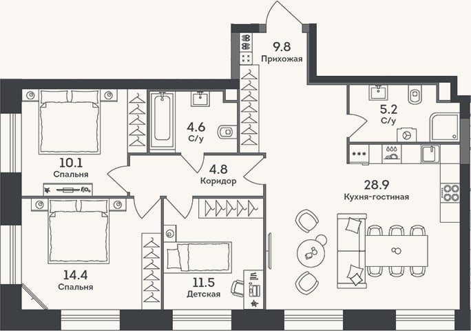 Планировка: 4+ к, 89,3 м²