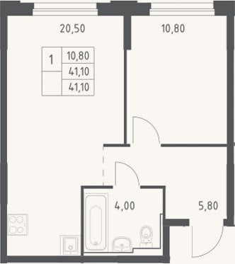 Планировка: 2-к, 41,1 м²