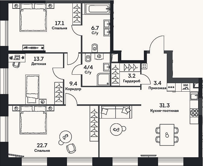 Планировка: 4+ к, 111,9 м²