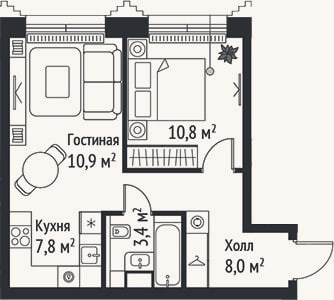 Планировка: 2-к, 40,9 м²