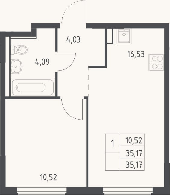 Планировка: 2-к, 35,2 м²