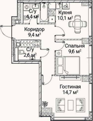 Планировка: 2-к, 50,8 м²