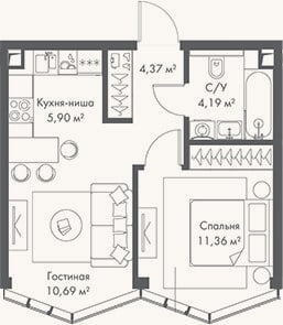 Планировка: 2-к, 36,5 м²