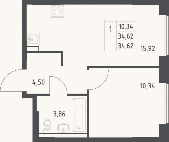 Планировка: 2-к, 34,6 м²