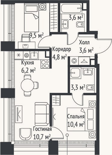 Планировка: 3-к, 52,1 м²