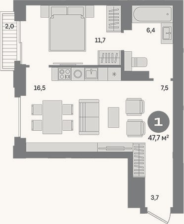 Планировка: 1-к, 45,7 м²