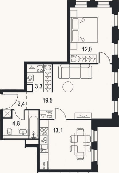 Планировка: 2-к, 55,1 м²