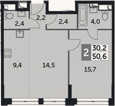 Планировка: 2-к, 50,6 м²