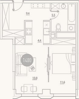 Планировка: 2-к, 43,9 м²