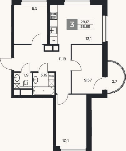 Планировка: 3-к, 58,1 м²