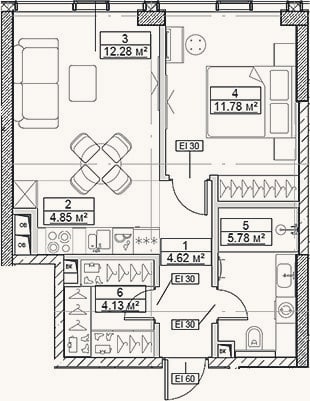 Планировка: 2-к, 43,4 м²