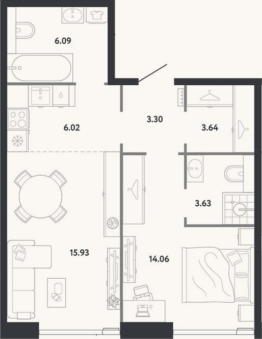 Планировка: 1-к, 52,7 м²