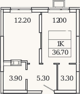Планировка: 1-к, 36,7 м²