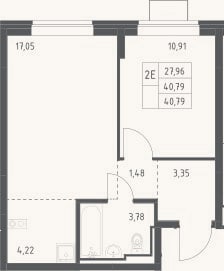 Планировка: 2-к, 40,8 м²