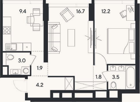 Планировка: 2-к, 52,7 м²