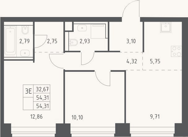 Планировка: 3-к, 54,3 м²