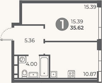 Планировка: 1-к, 35,6 м²